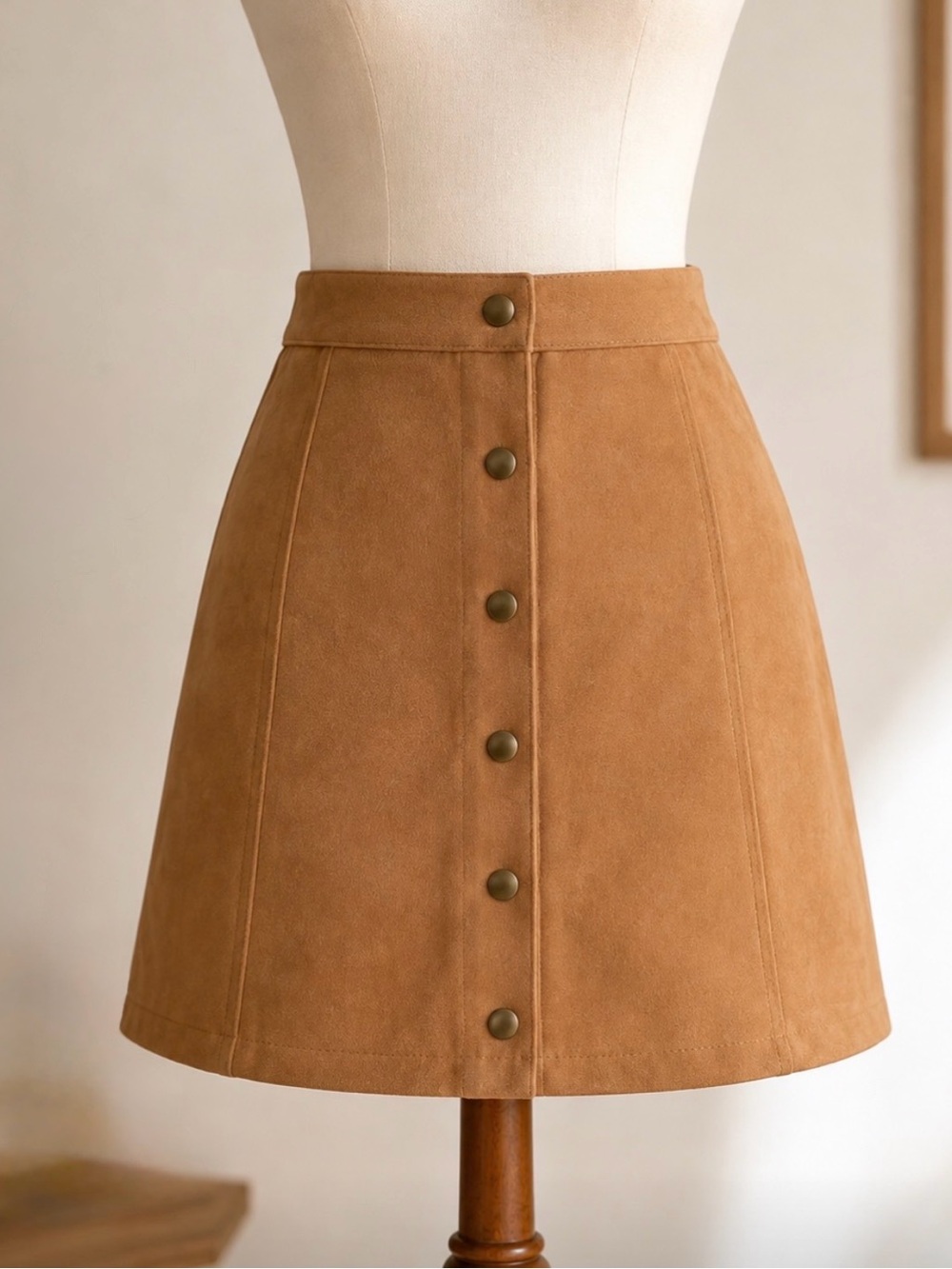 Camel Faux Suede Snap Front Mini Skirt Size L 70s Inspired